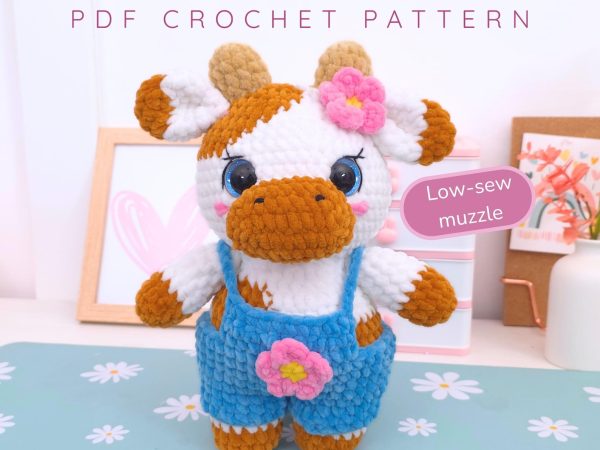 Crochet Cow Amigurumi Pattern with Overalls - Low-Sew Design