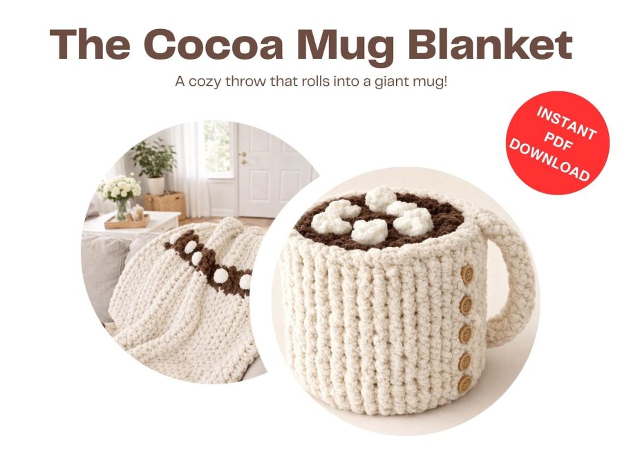 Crochet and hand-knitted hot cocoa mug blanket rolled up like a pillow
